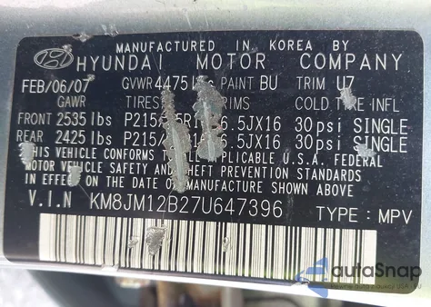 2007 Hyundai Tucson Gls from USA, damaged, VIN KM8JM12B27U647396